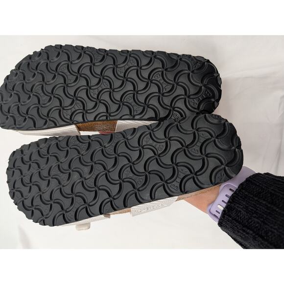 Birkenstock Birki's Aziza Sandal White and Gray Stripe Two Strap Buckle 7 EU 38 - Picture 4 of 8